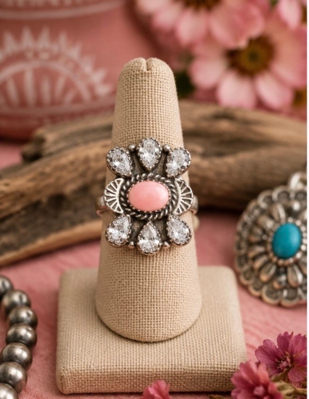 Pink Conch and CZ Sterling Silver Southwestern Ring sz 8 adj
